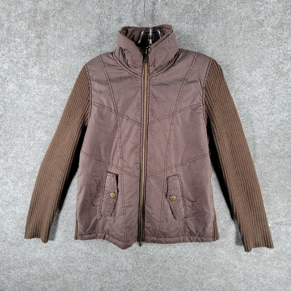 Grate Northwest Hybrid Sweater‎ Jacket Womens L Brown Mock Neck Knit Mixed Media